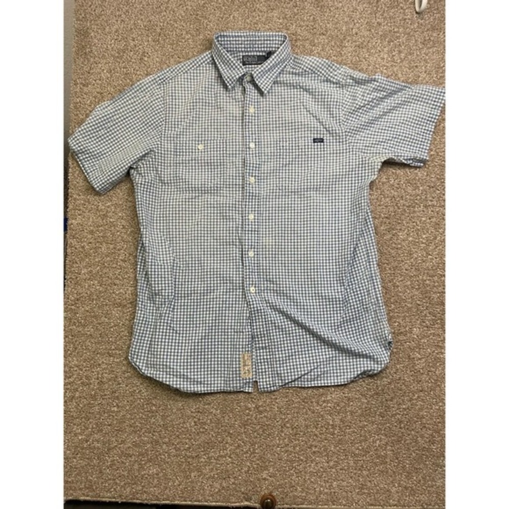 VTG Polo Ralph Lauren Gingham Check Short Sleeve Button-Down Shirt L Blue White